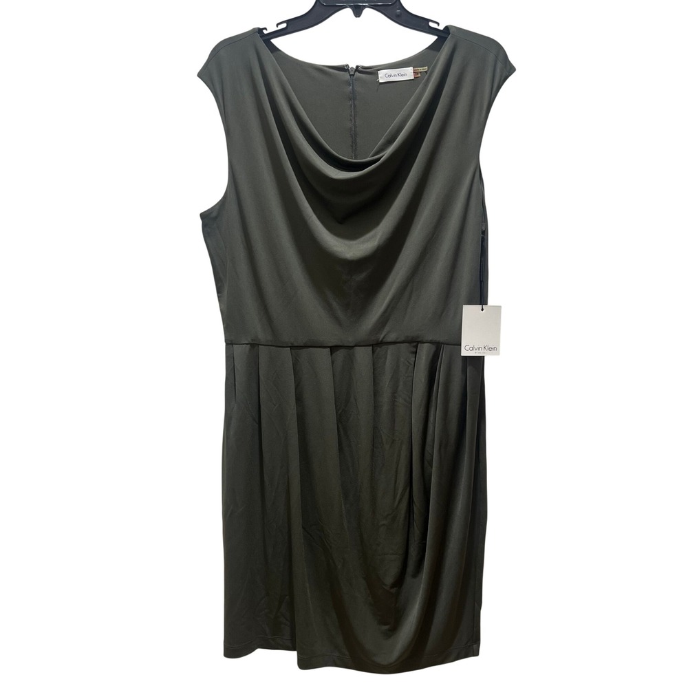 Calvin Klein Olive Green Sleeveless Pleated Cowl Neck Dress Size 14 Womens NWT